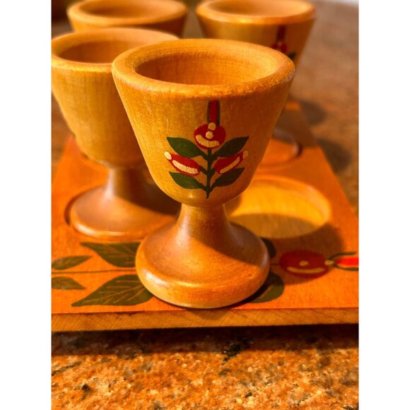 “Czantoria” Set of 6 Wood Egg Cups & Wood Tray |Handcrafted | Poland | Folk Art - Picture 2 of 8